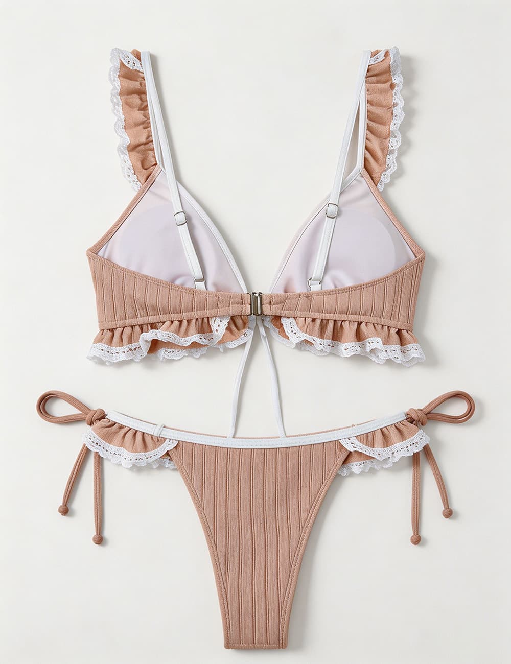 Ladies Contrast Lace Ruffle Trim V-Neck Triangle Bikini Set