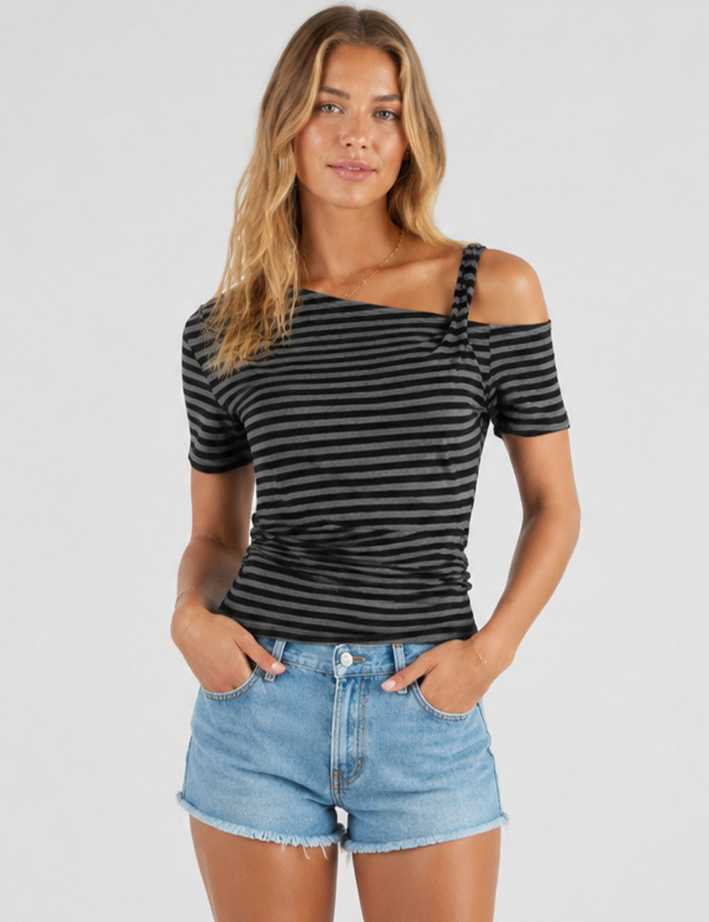 Ladies Striped One Shoulder Twist Strap T-Shirt