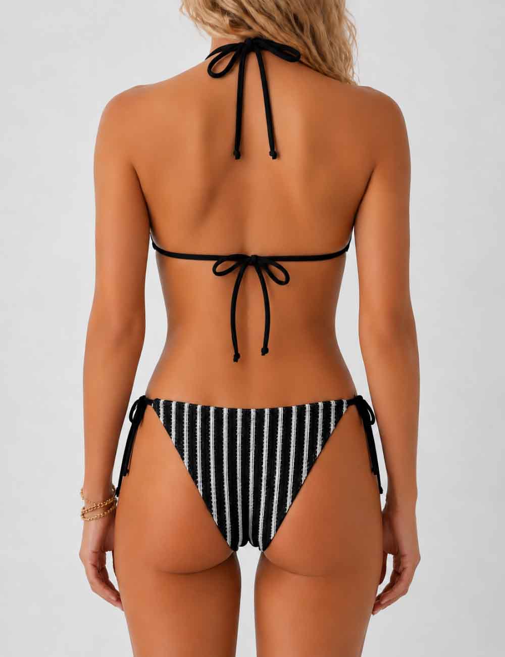 Ladies Striped Crochet Triangle 3 Piece Bikini Set With Cover Up Shorts