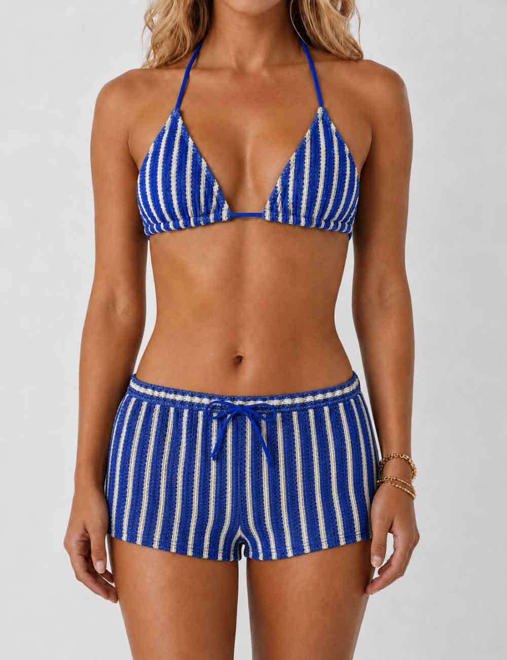Ladies Striped Crochet Triangle 3 Piece Bikini Set With Cover Up Shorts