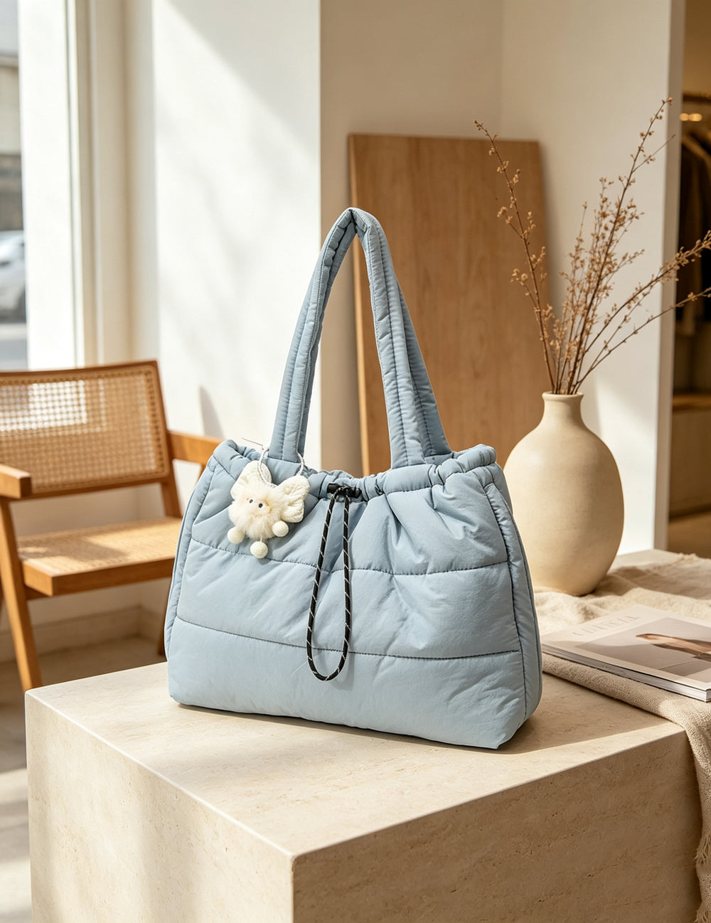 Ladies Drawstring Puffy Quilted Padded Nylon Shoulder Tote Bag