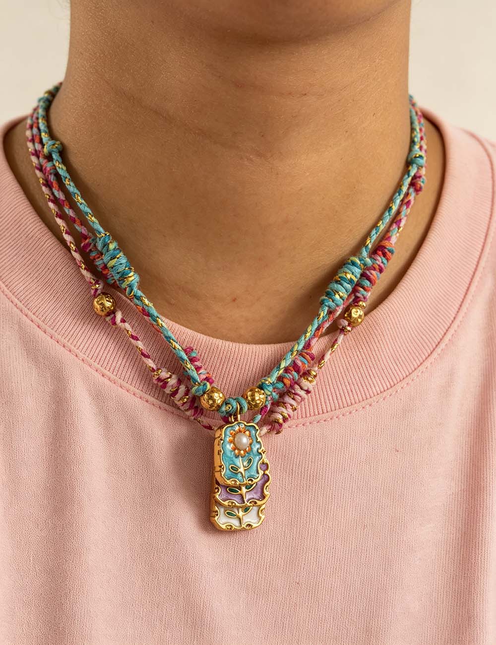 Ladies Colorful Floral Braided Cord Necklace