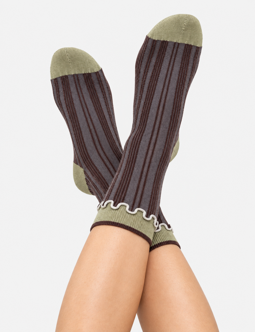 Ladies Lettuce Edge Striped Mid Calf Socks