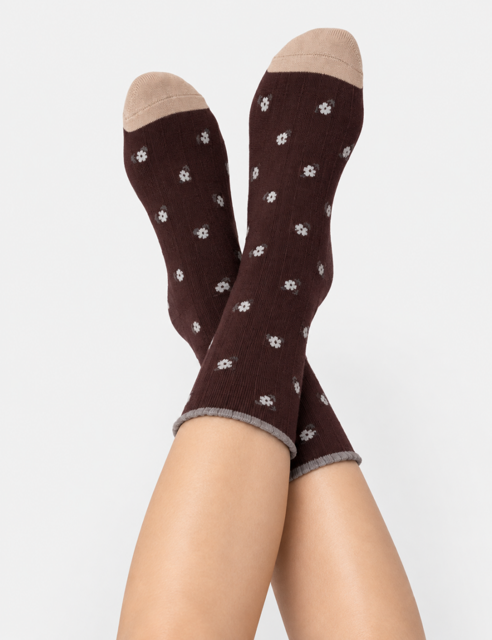 Ladies Floral Pattern Contrast Toe Mid Calf Socks
