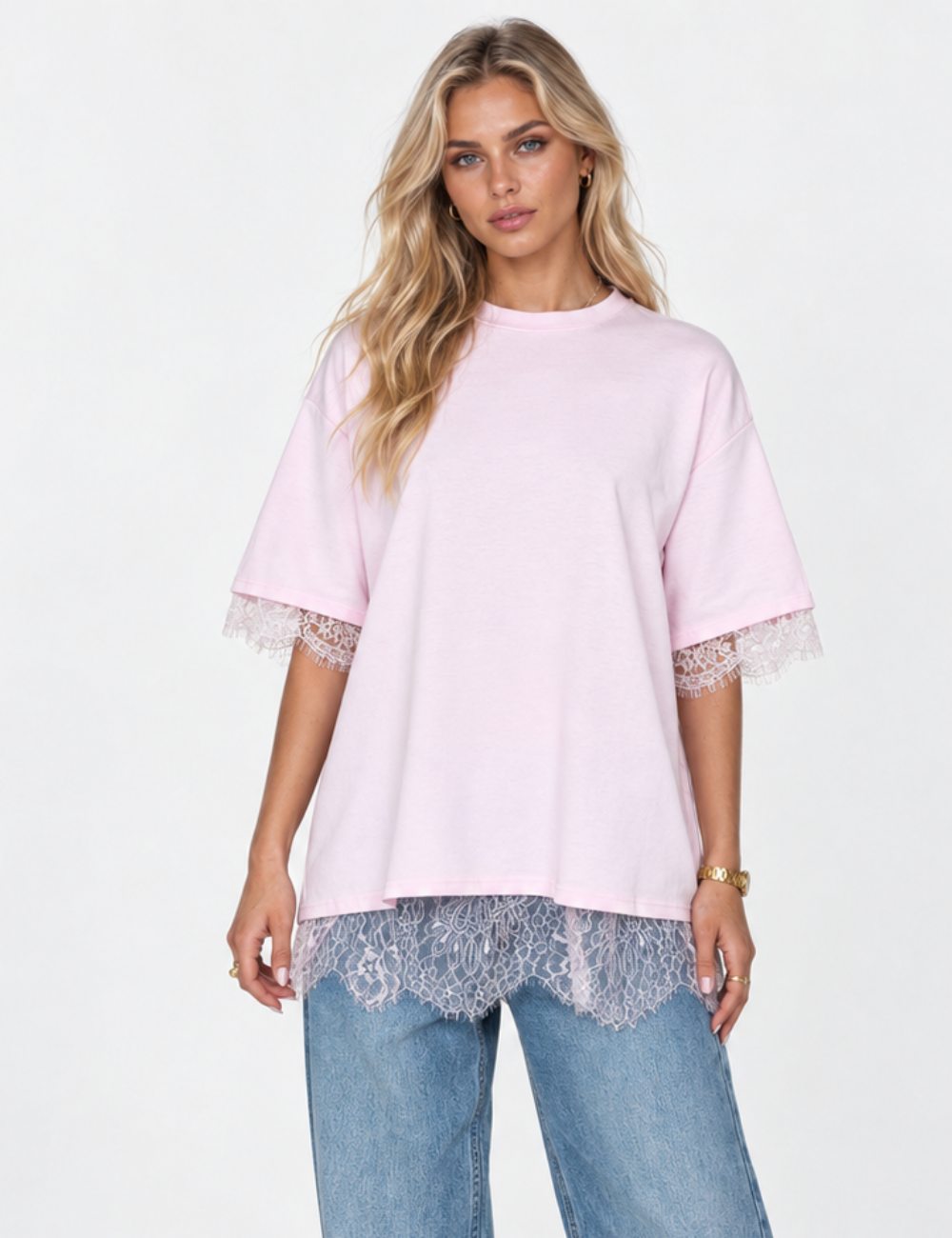 Ladies Lace Trim Split Back Solid Color Pullover T-Shirt