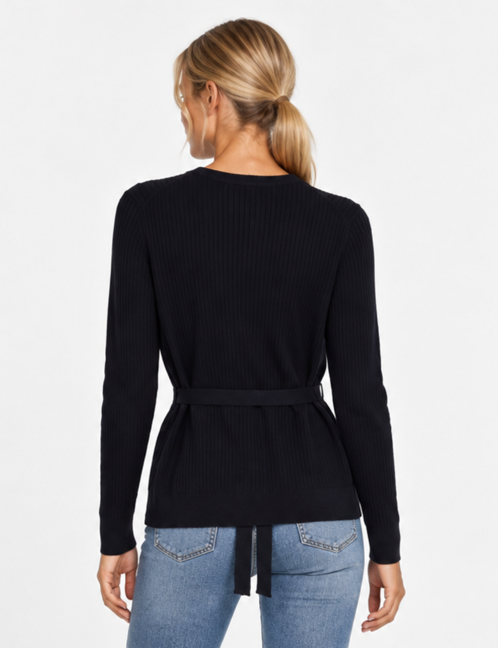 Ladies Ribbed Knit Button-Up Tie Waist Cardigan
