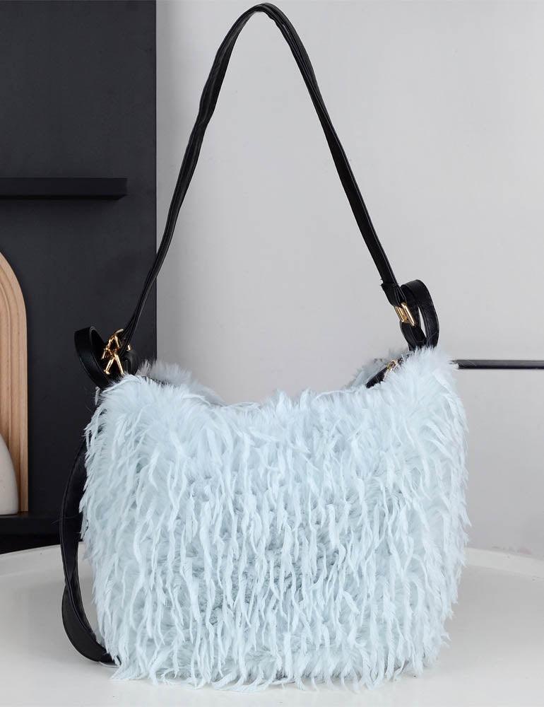 Ladies Faux Mongolian Fur Tote Two Shoulder Bag SKAB4094