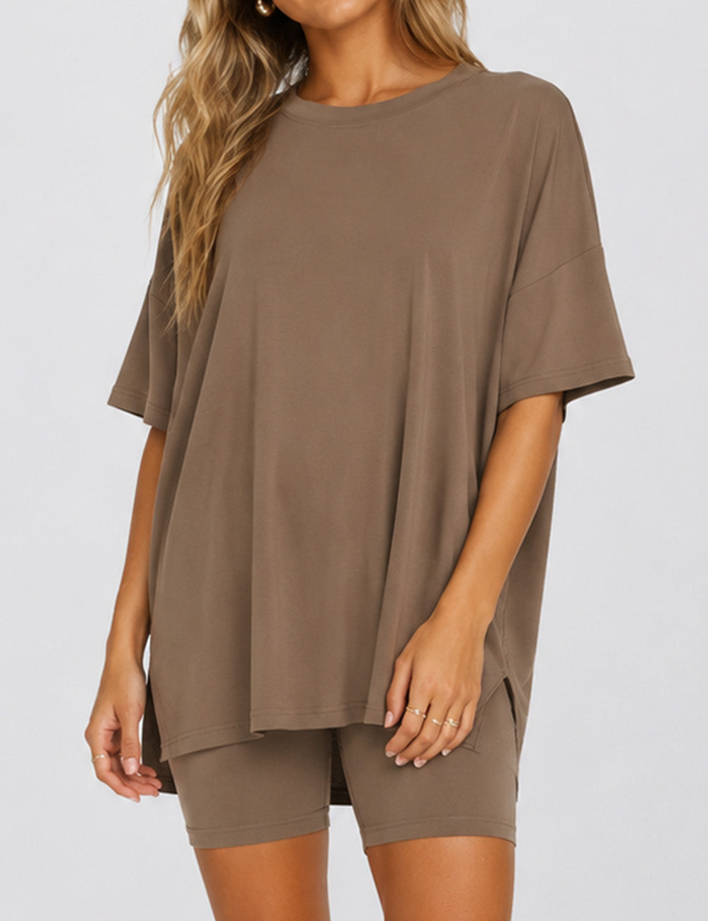 Ladies Solid Loungewear Outfits Loose Top & Slim Shorts Set
