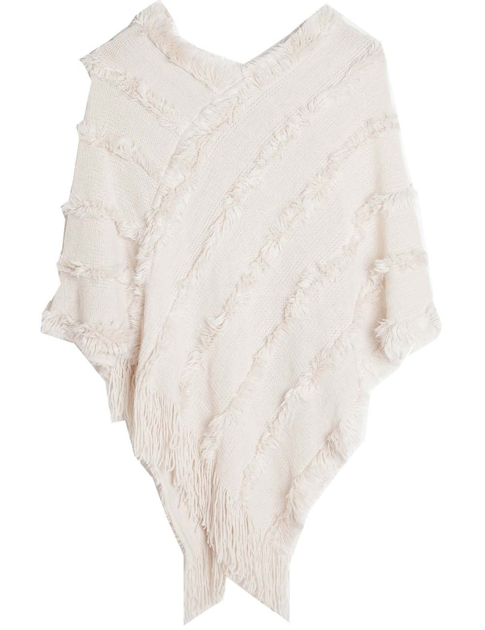 Ladies Tassel Trim Scarf V-Neck Solid Color Knit Shawl
