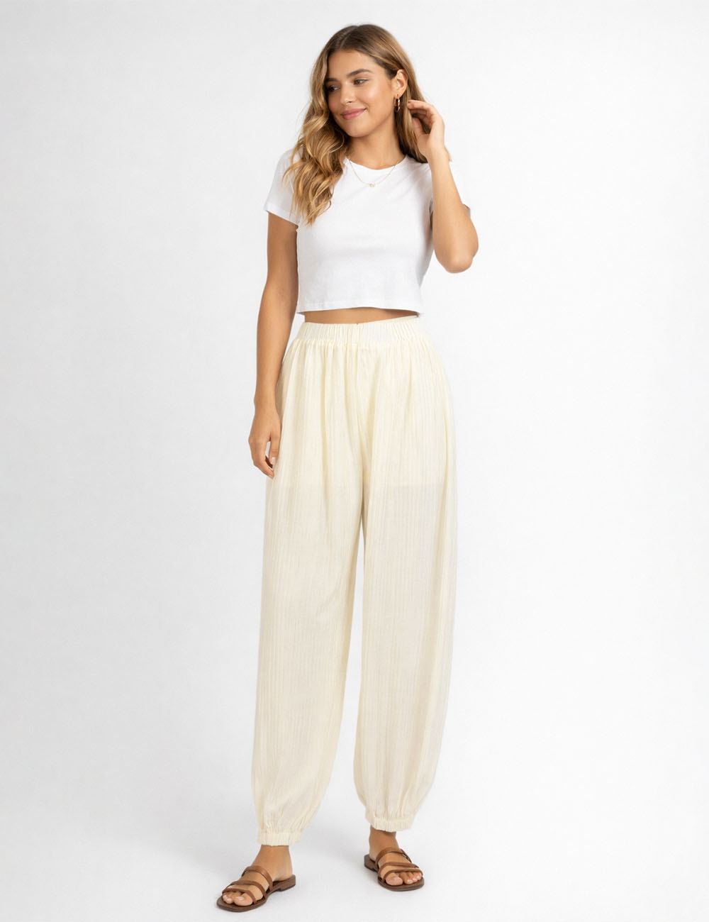 Ladies Chic Crinkle Solid Color  Elastic Cuff Balloon Pants