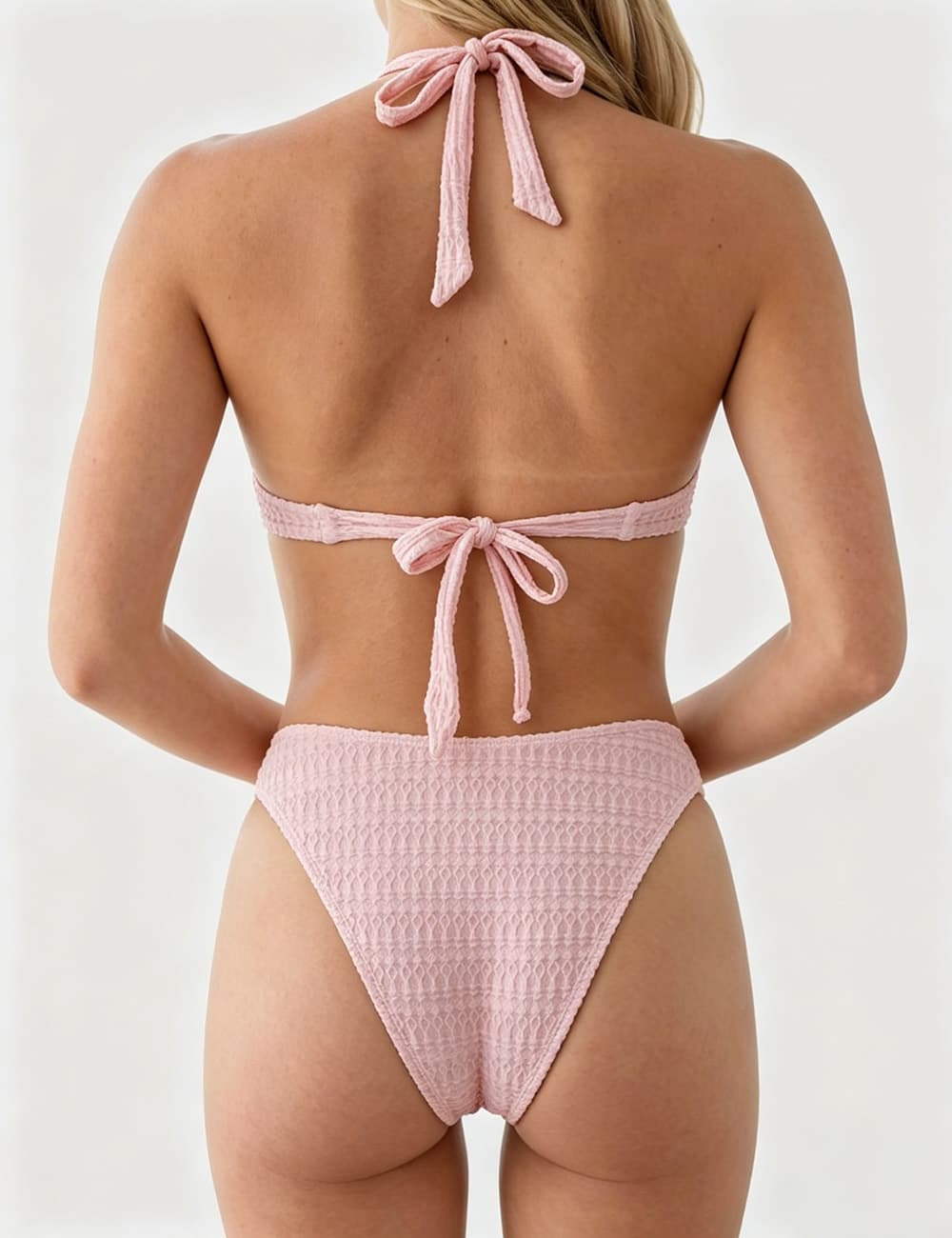 Ladies Solid Color Ring Halter V-Neck Triangle Bikini Set