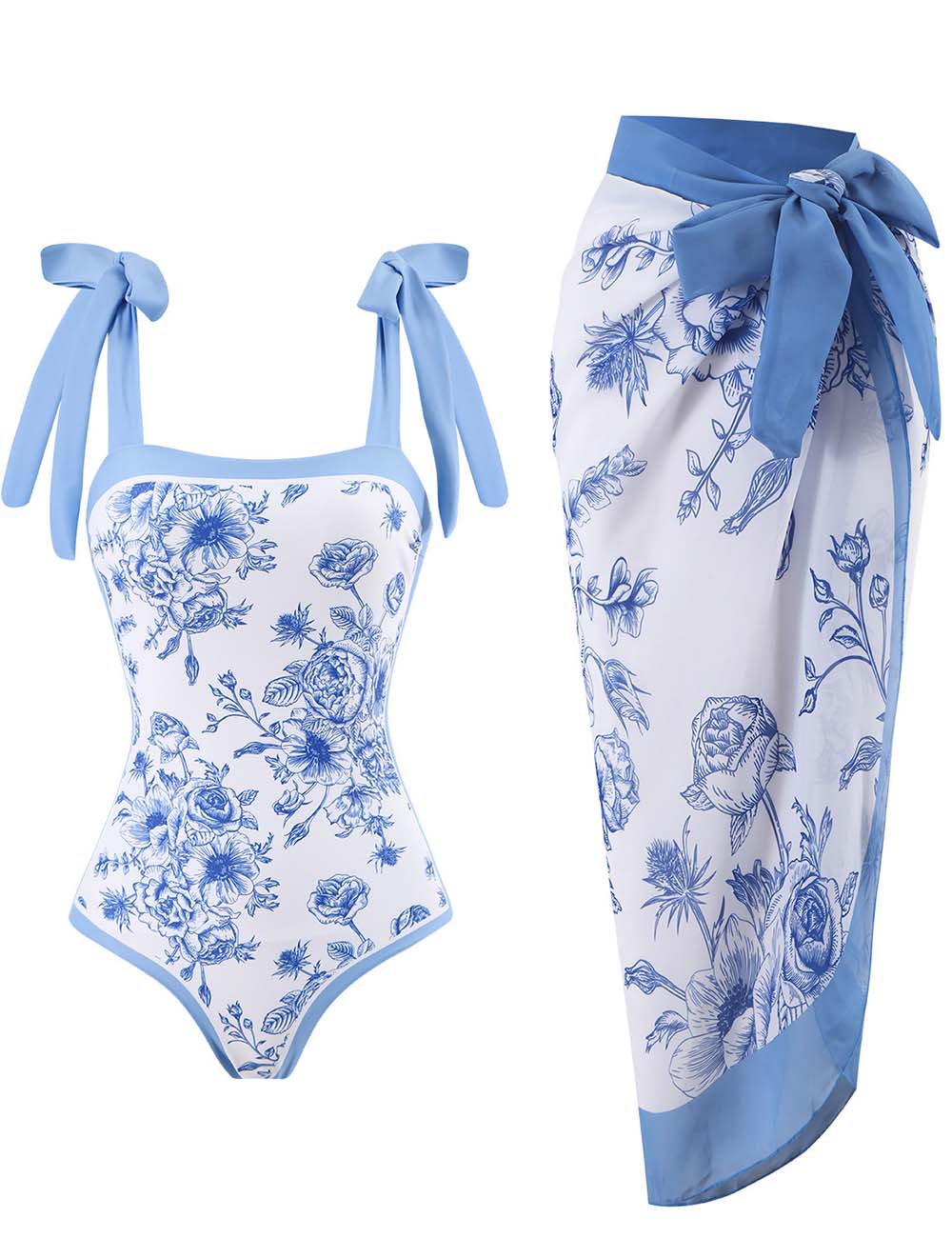 Ladies Floral Print One Piece Swimsuit with Wrap Tie Sarong