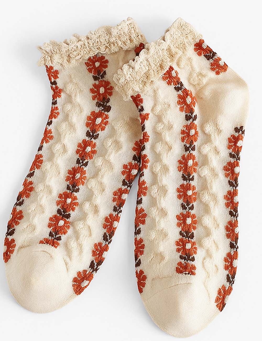 Ladies Floral Embroidery Ruffled Trim Knit Ankle Socks