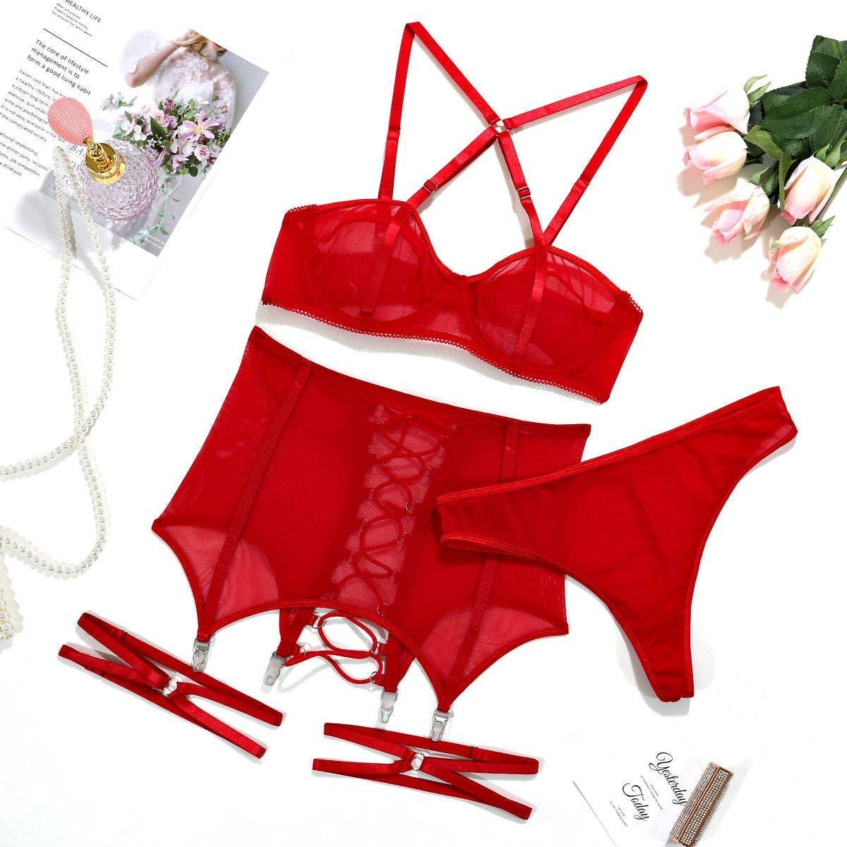 3PCS Bandage Sexy Lingerie Set with Garter Belt
