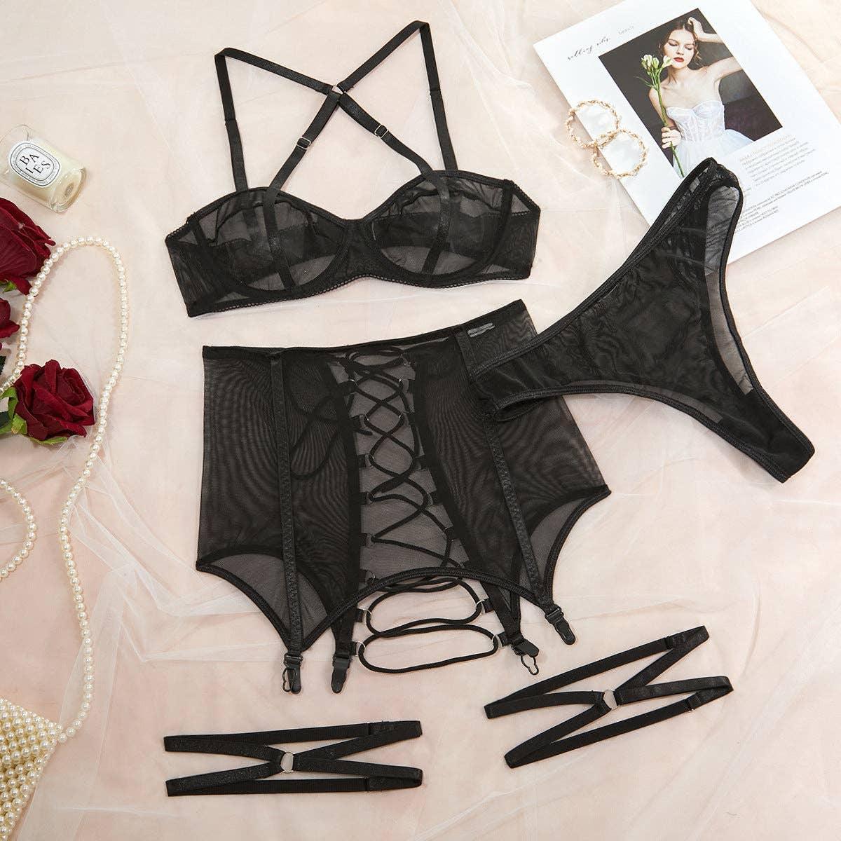 3PCS Bandage Sexy Lingerie Set with Garter Belt