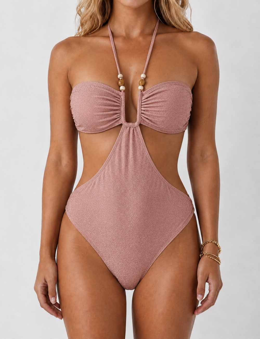Ladies Glitter Cut Out Halter Beaded Strap One Piece Swimsuit