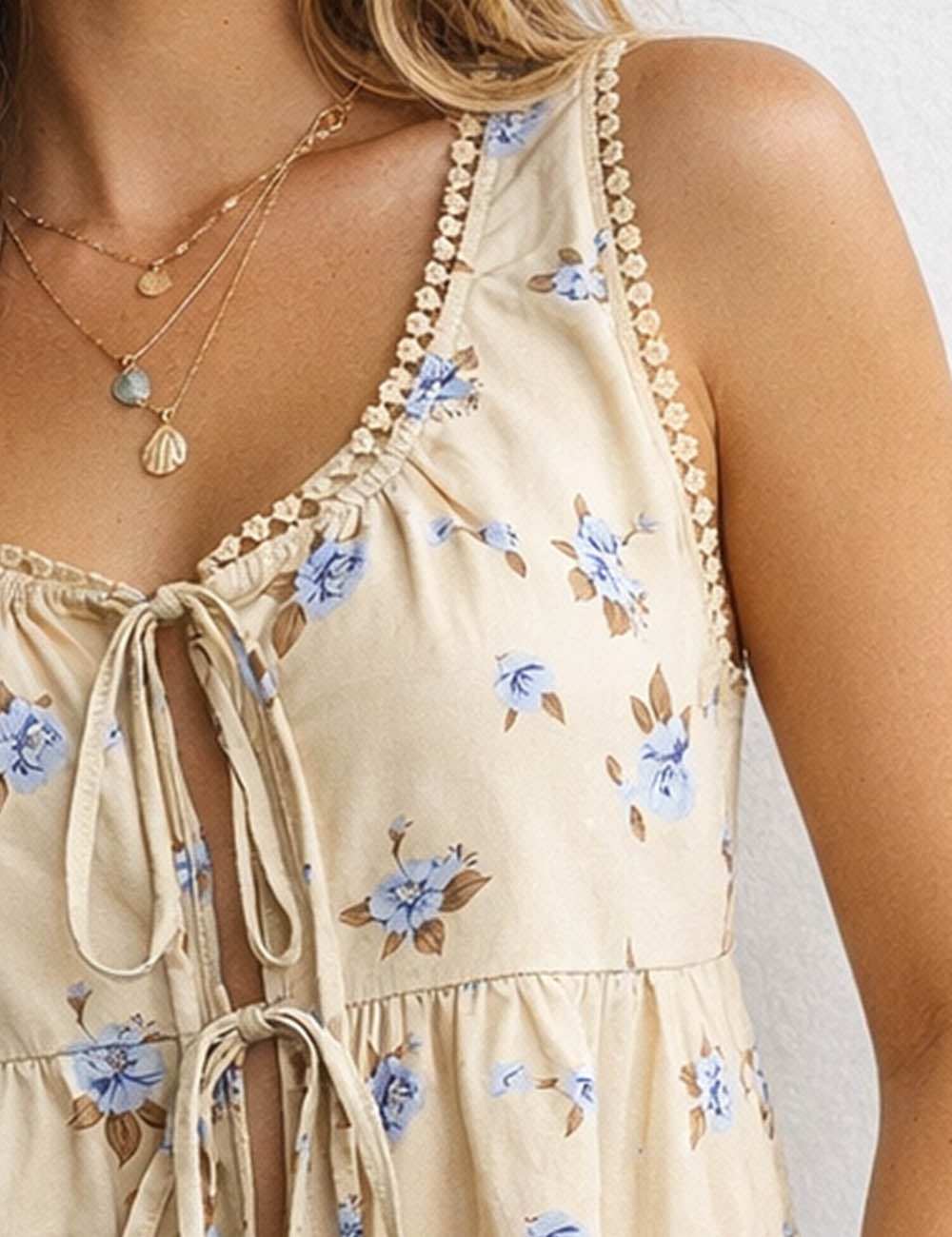Ladies Boho Floral Print Tie Front Sleeveless Top