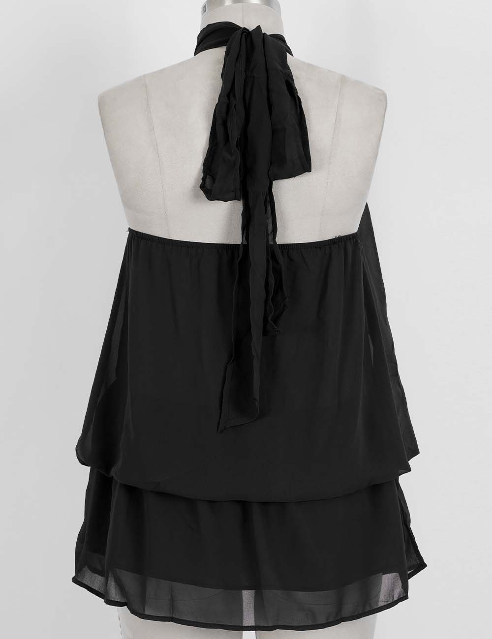 Ladies Chiffon Stand Neck Solid Color Ruffle Hem Sleeveless Top
