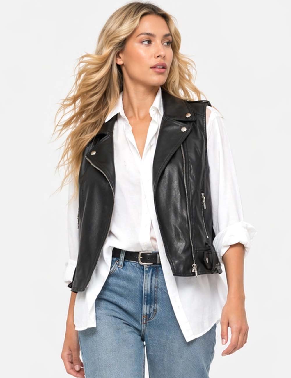 Ladies Faux Leather Notched Collar Zip-Up Sleeveless Vest