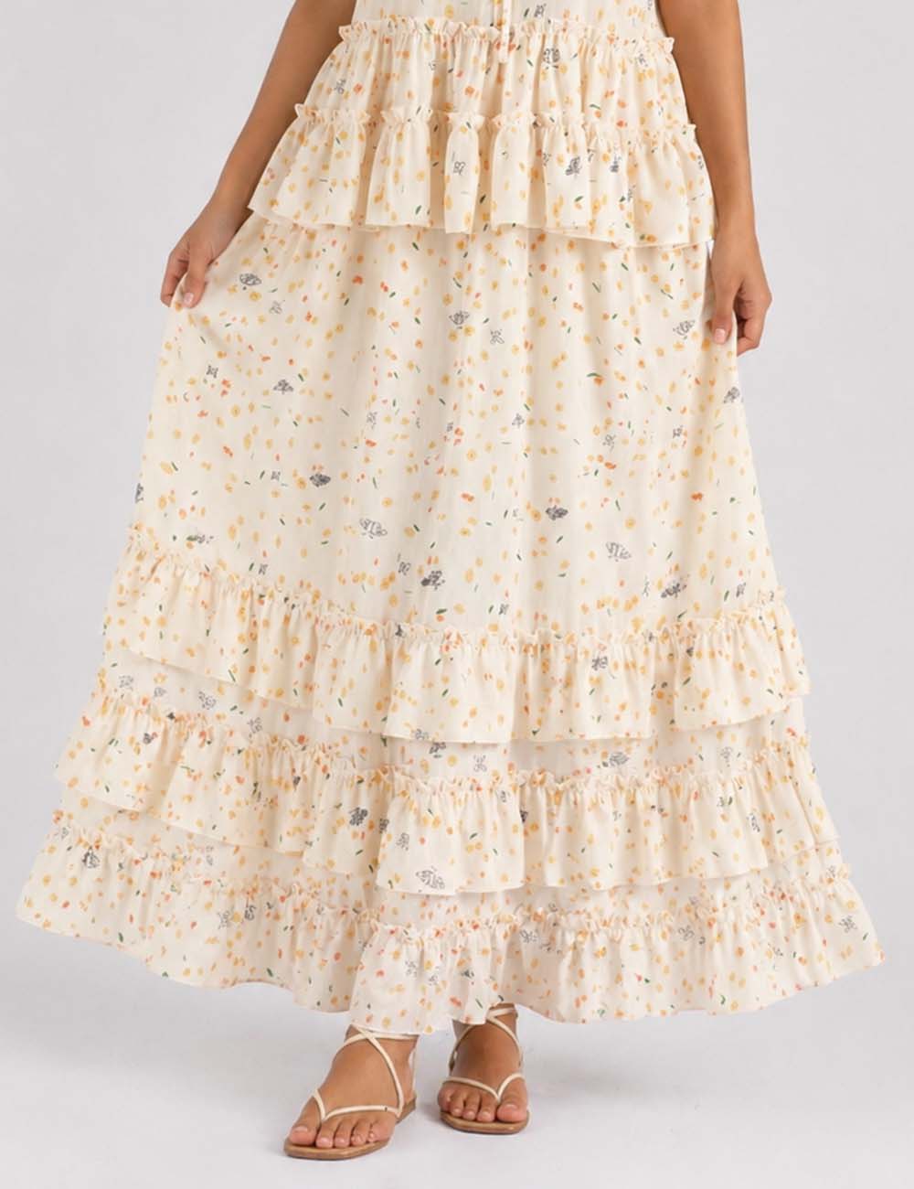Ladies Floral Tiered Ruffle Smocked Waist Maxi Skirt