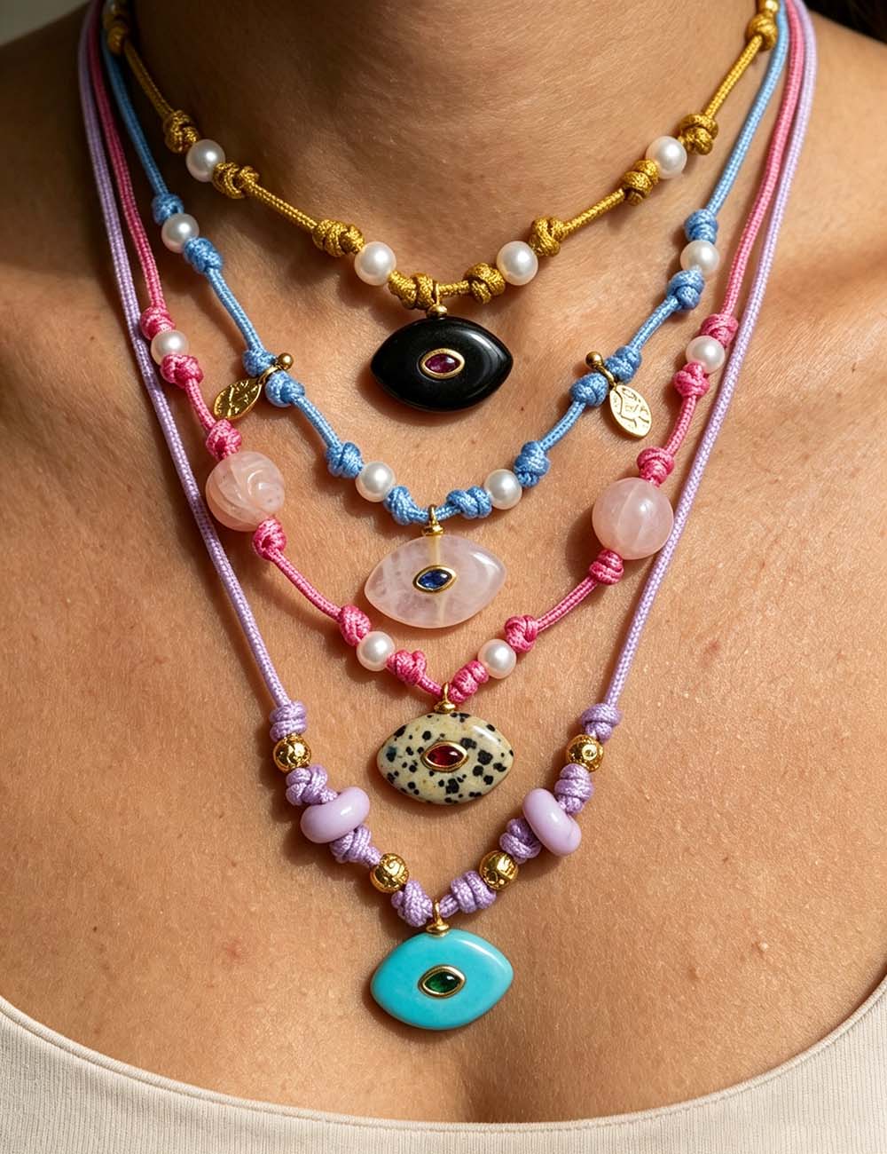 Ladies Evil Eye Stone Braided Cord Necklace