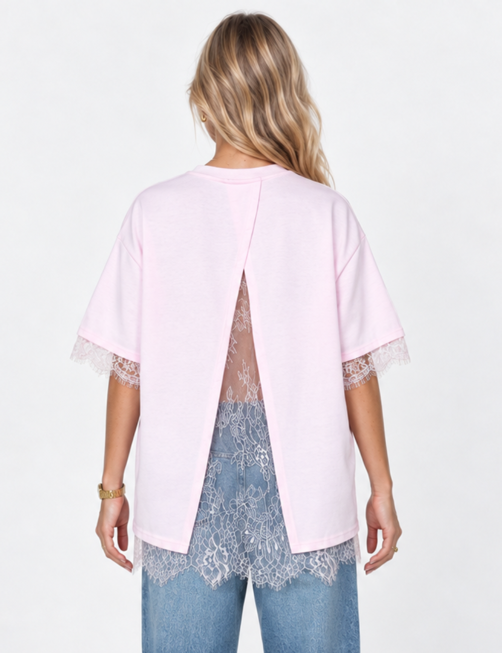 Ladies Lace Trim Split Back Solid Color Pullover T-Shirt