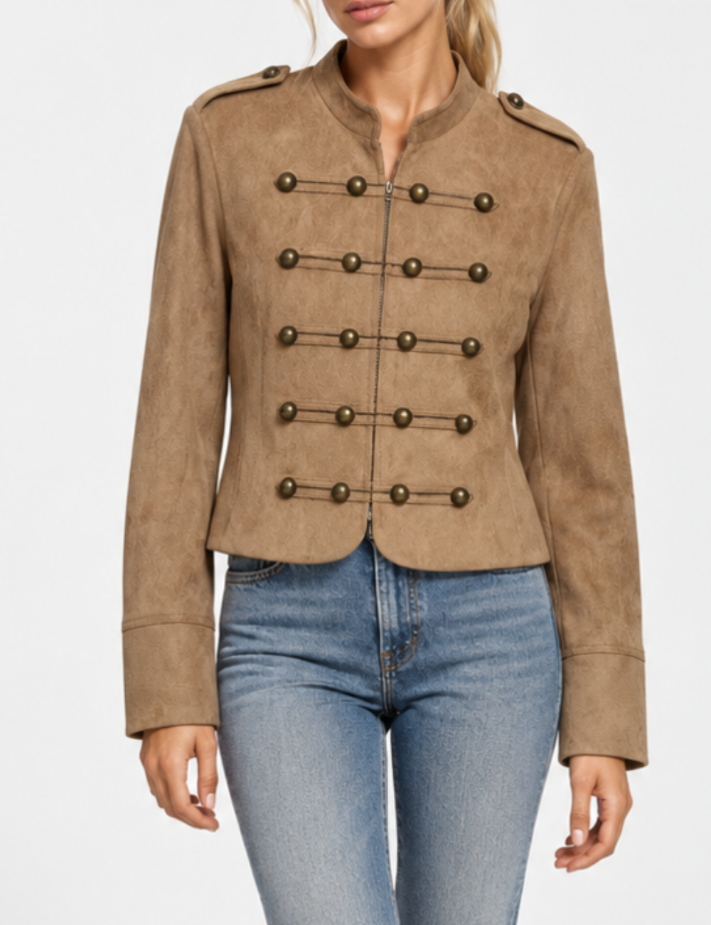 Ladies Faux Suede Stand Collar Frog Button Jacket