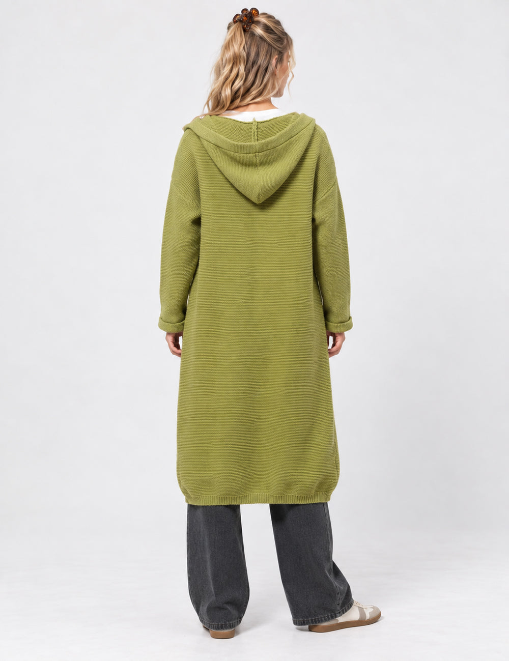 Ladies Button Hooded Solid Color Sweater Coat Cardigan