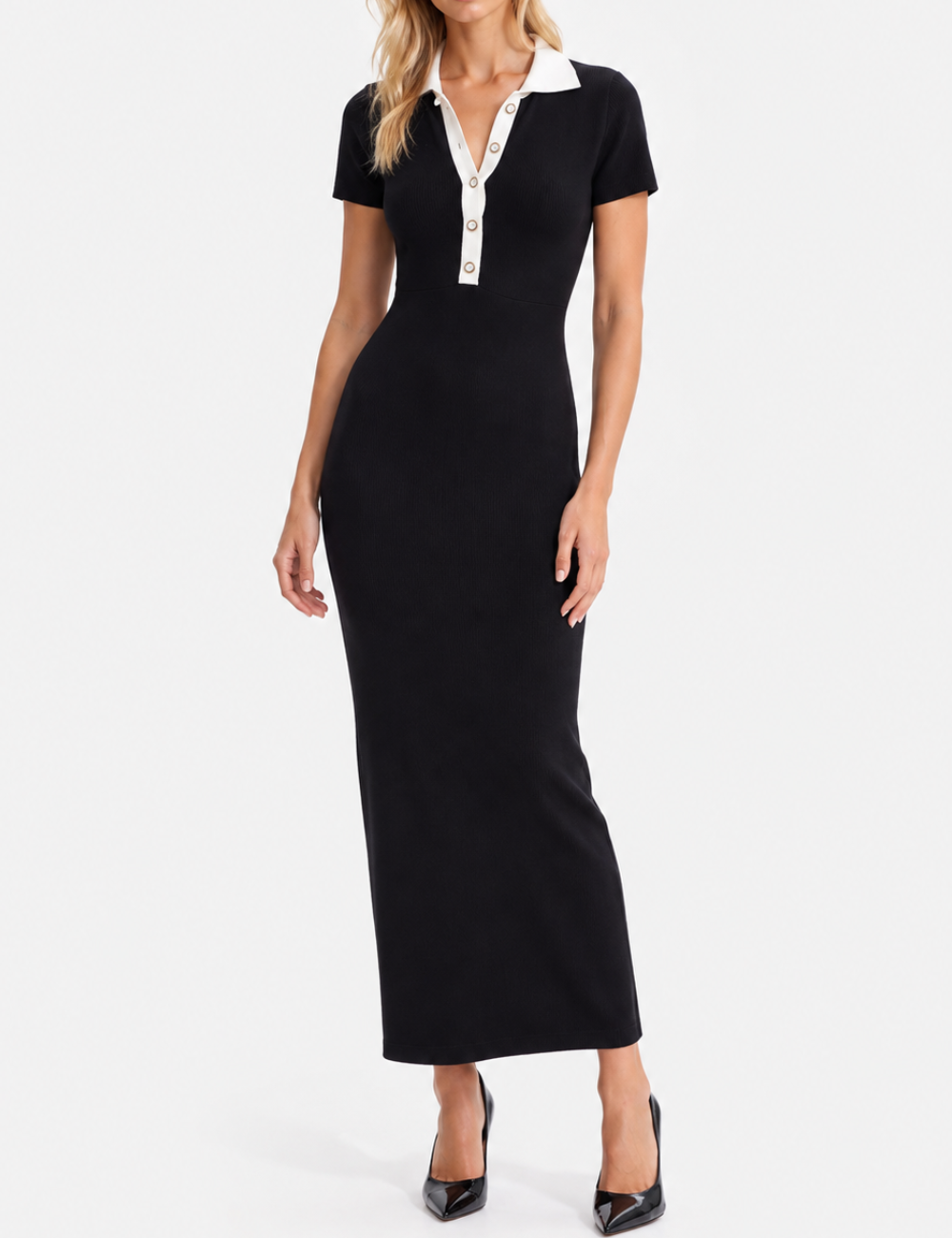 Ladies Polo Collar Button Front Bodycon Maxi Dress