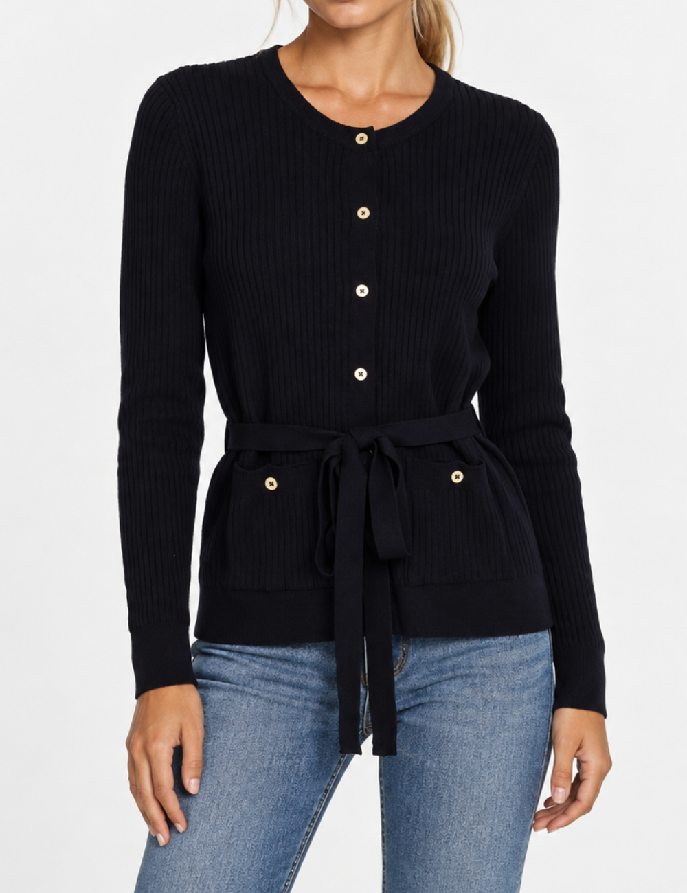 Ladies Ribbed Knit Button-Up Tie Waist Cardigan