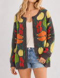 Ladies Veggie Garden Jacquard Round Neck Button Cardigan