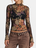Ladies Retro Leopard Floral Mesh Mock Neck Ruched Top