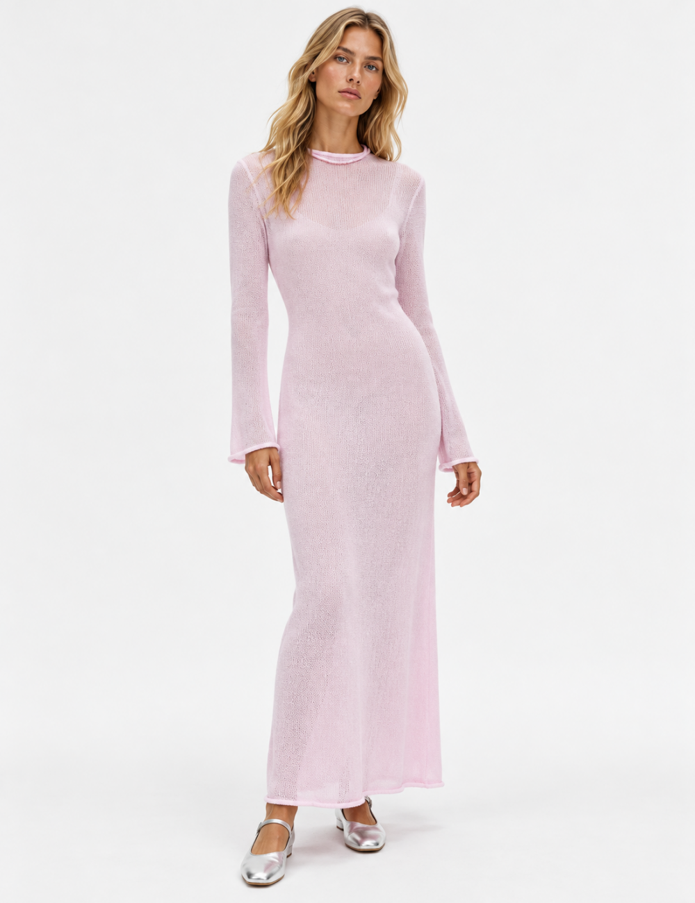 Ladies See Through Round Neck Long Sleeves Maxi Dress