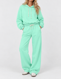 Ladies Drawstring Hooded Crop Sweatshirt Wide Leg Pants 2PCS Set