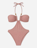 Ladies Glitter Cut Out Halter Beaded Strap One Piece Swimsuit