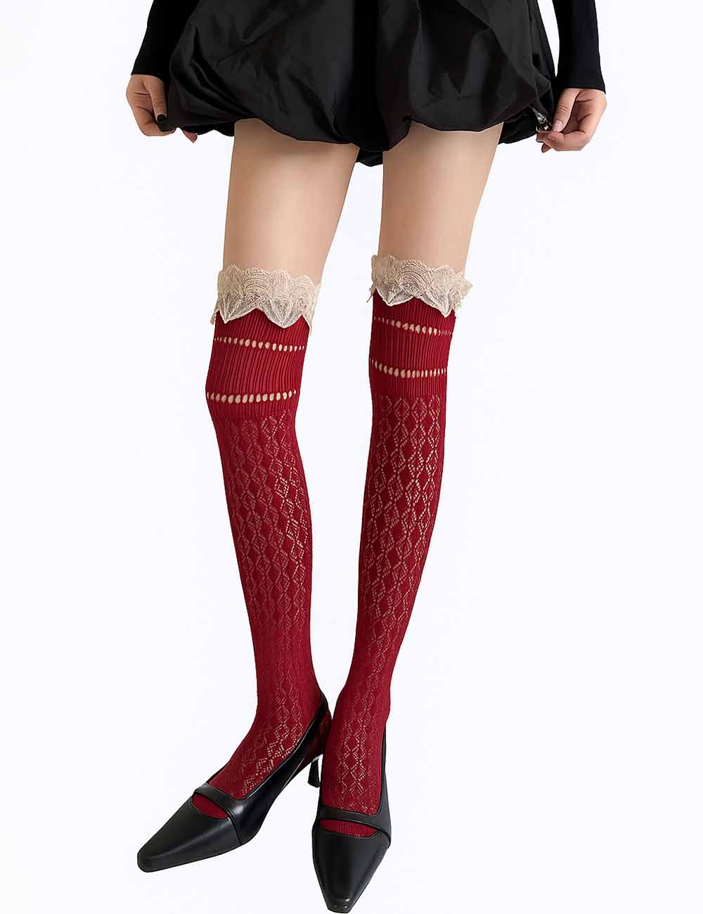 Ladies Vintage Lace Trim Knit Knee High Slouch Socks