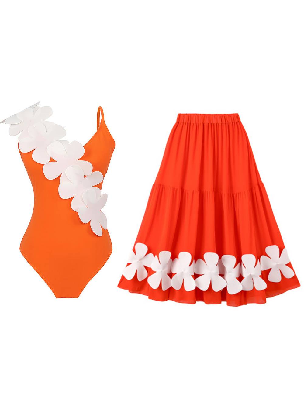 Flower Shoulder One Piece Swimwear 2PCS Set SKSW40141