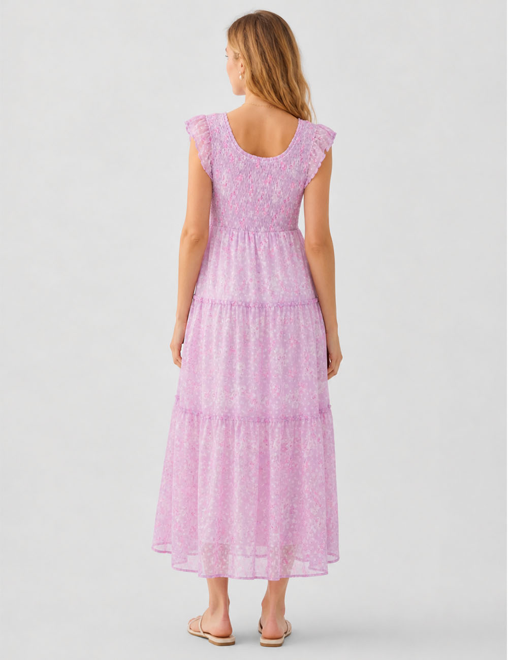 Ladies Floral Print Ruffle Sleeves Tiered Hem Smocked Maxi Dress