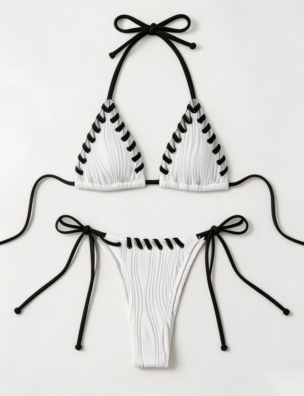 Ladies Braided Trim Ribbed Halter Triangle 2 Piece Bikini Set