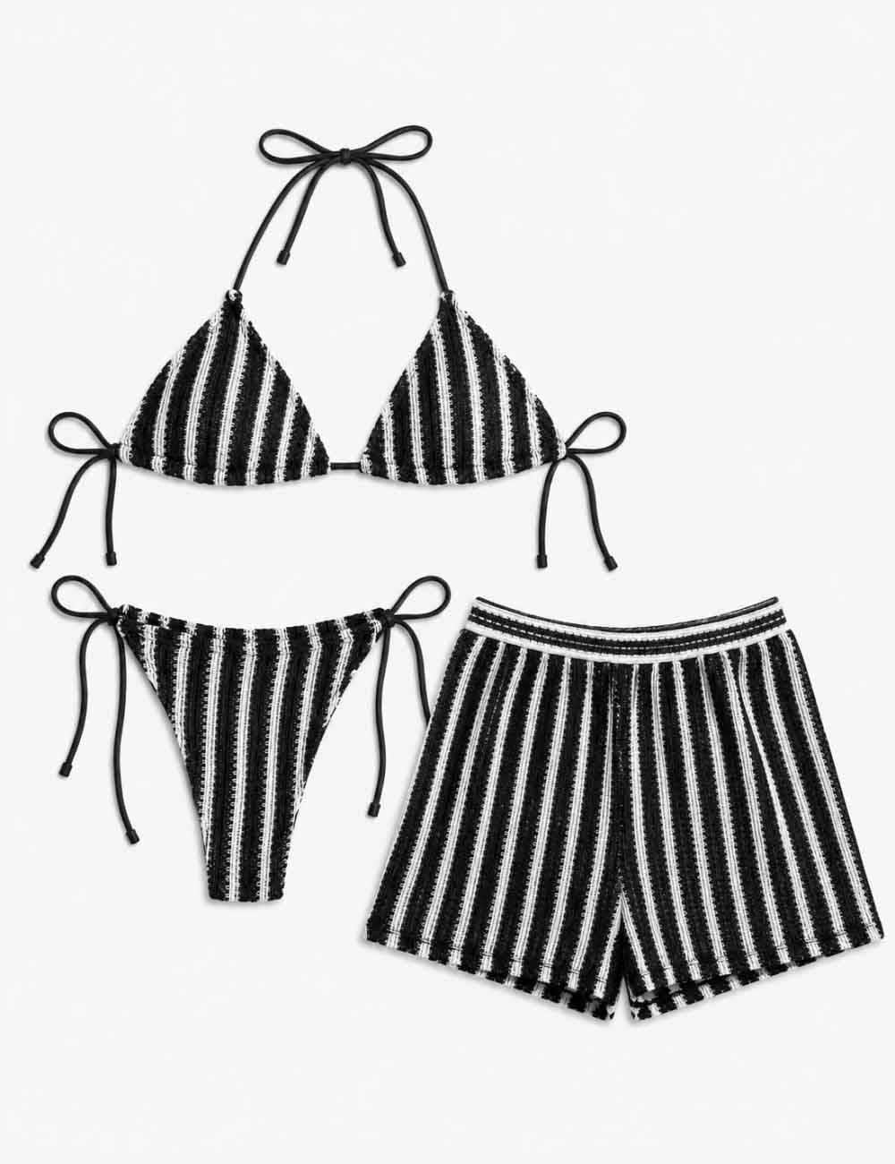 Ladies Striped Crochet Triangle 3 Piece Bikini Set With Cover Up Shorts