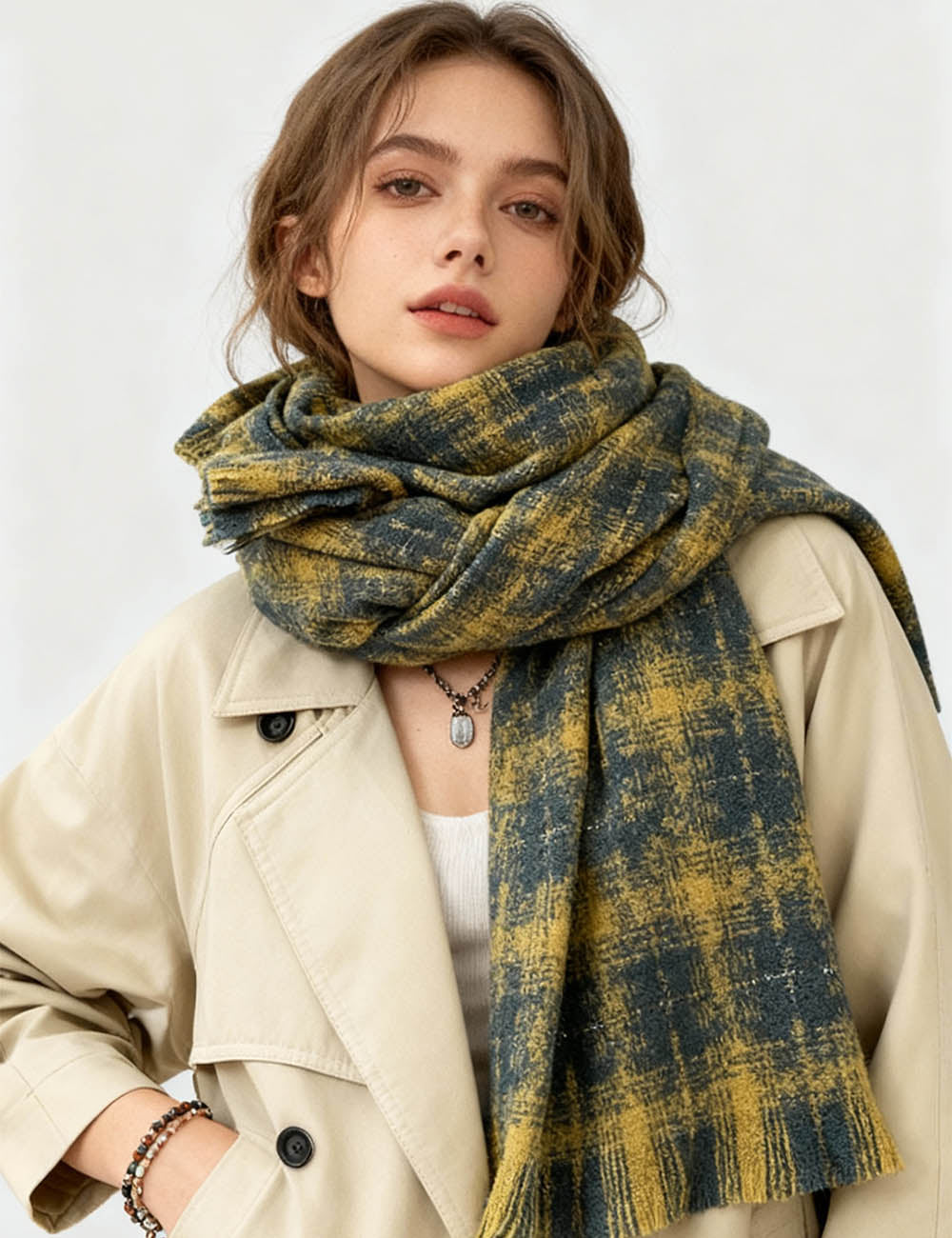 Ladies Warm Color Block Plaid Tassel Knit Scarf