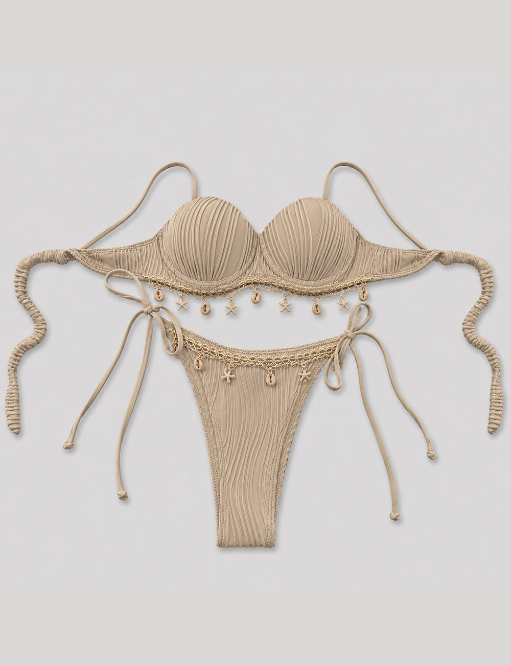 Ladies Solid Color Shell Decor Sweetheart Neck Bikini Set