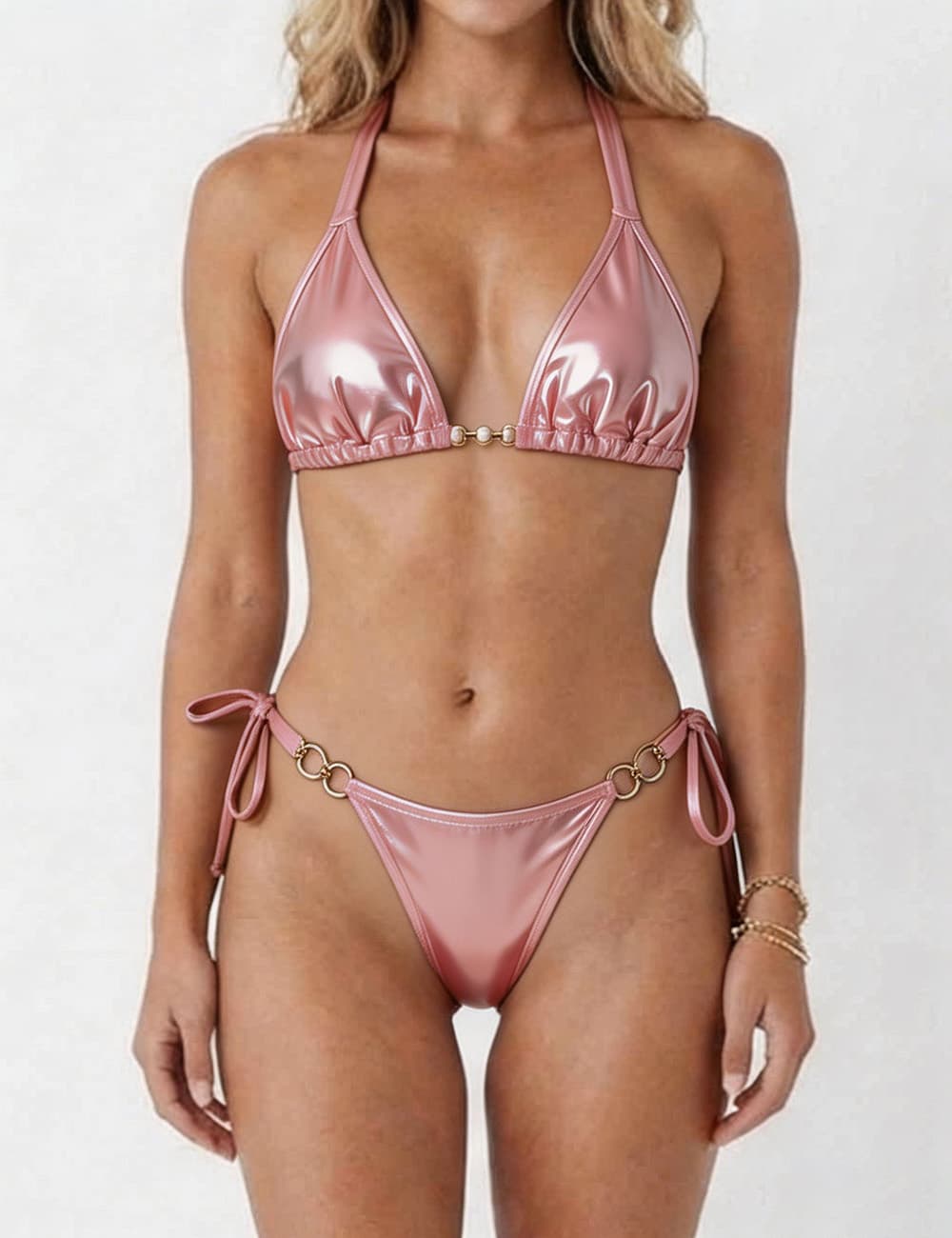 Ladies Metallic Pearl Ring Halter Triangle 2 Piece Bikini Set