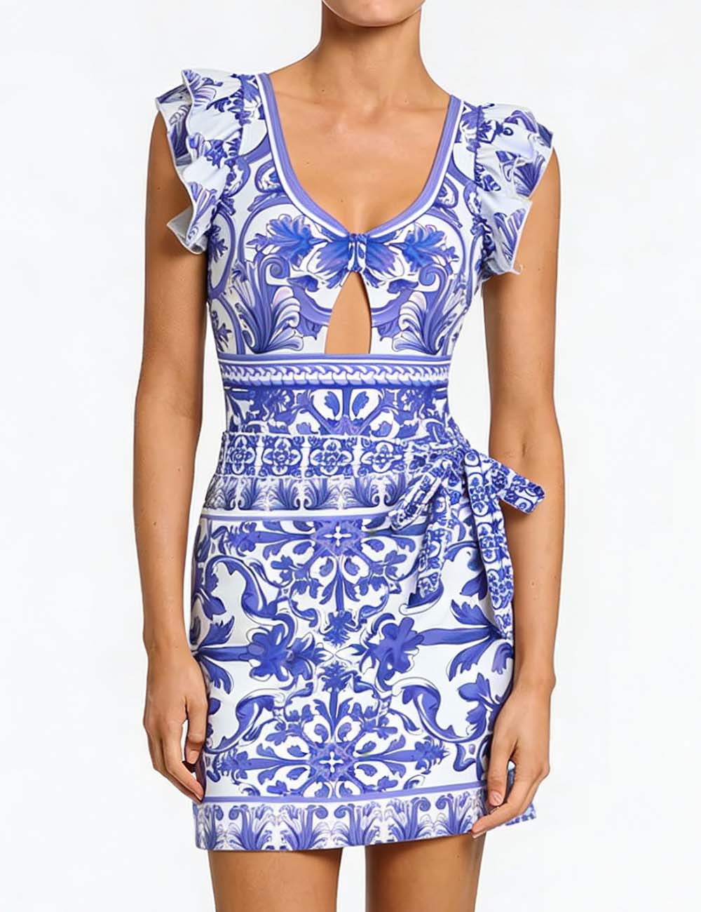 Ladies Ruff Sleeves One-Piece Swimsuit with Wrap Sarong