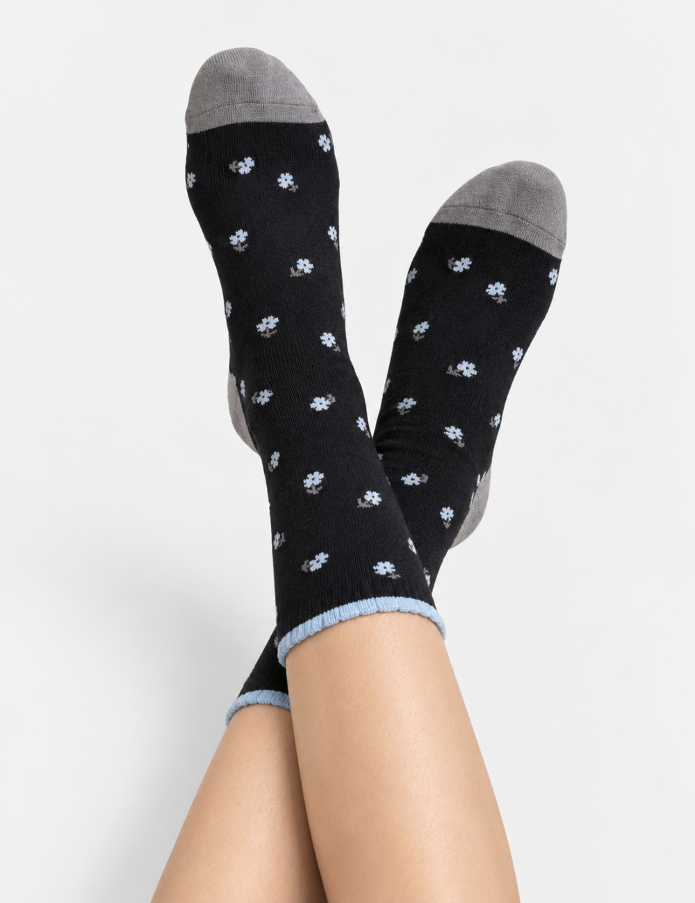 Ladies Floral Pattern Contrast Toe Mid Calf Socks