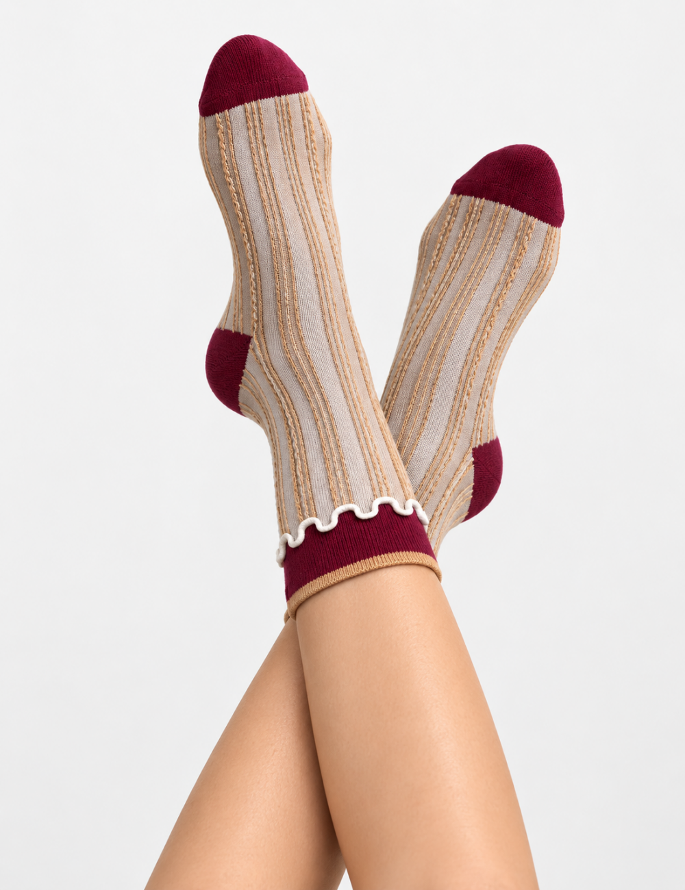Ladies Lettuce Edge Striped Mid Calf Socks