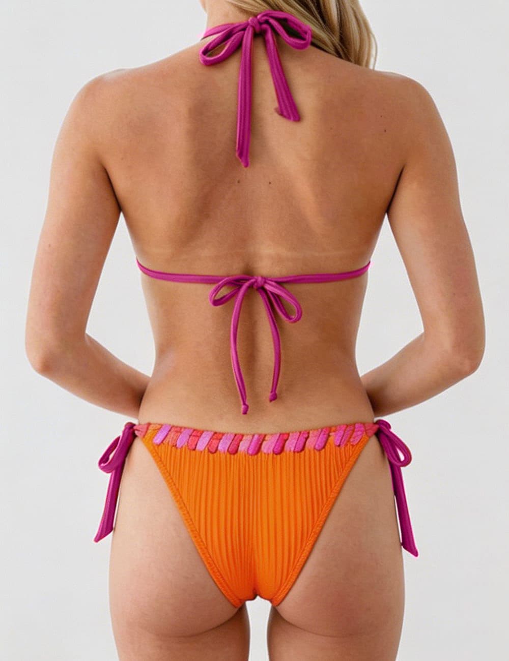 Ladies Contrast Stitch Ribbed Halter Triangle 2 Piece Bikini Set