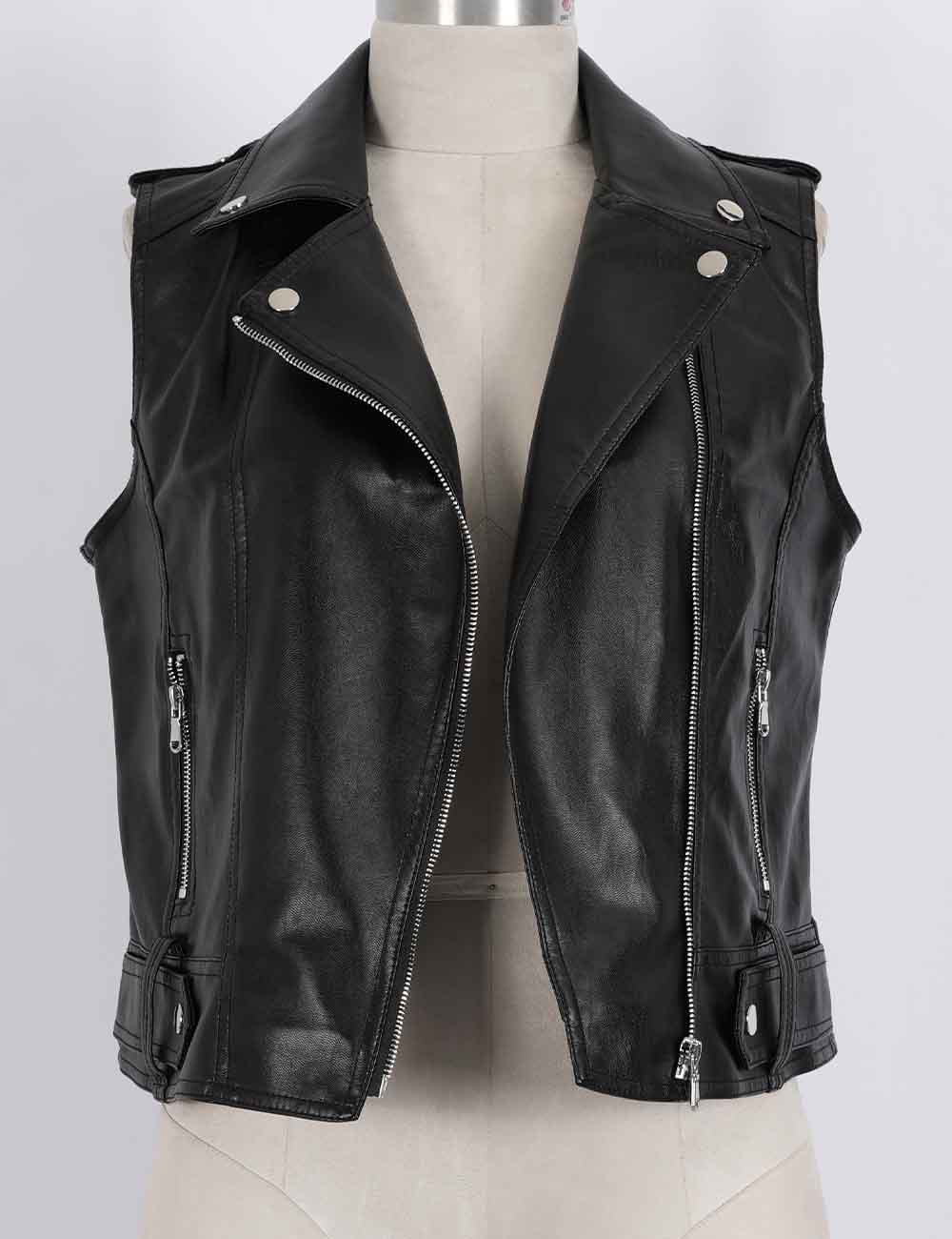 Ladies Faux Leather Notched Collar Zip-Up Sleeveless Vest
