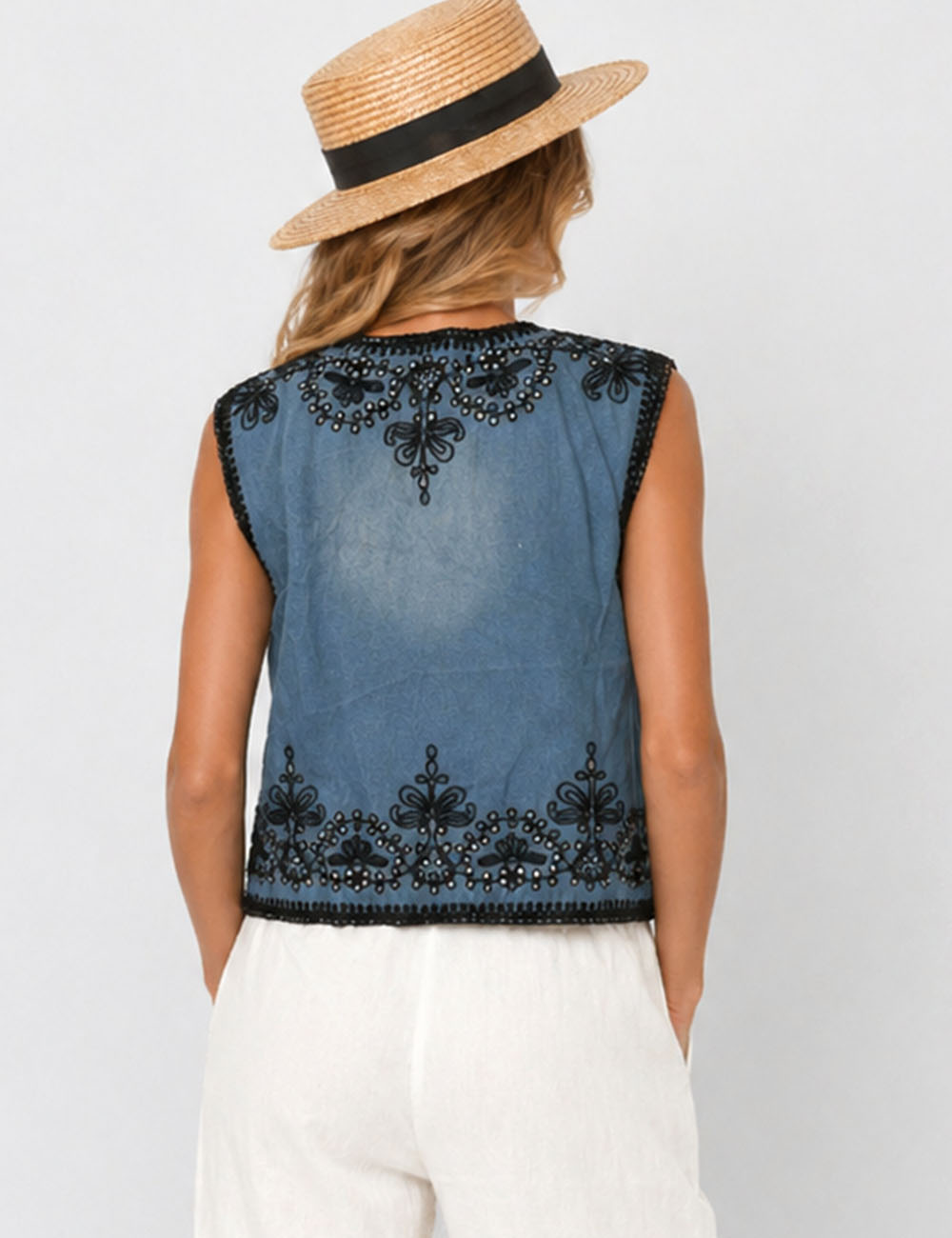 Ladies Boho Rhinestone Embroidery Button Front Denim Vest