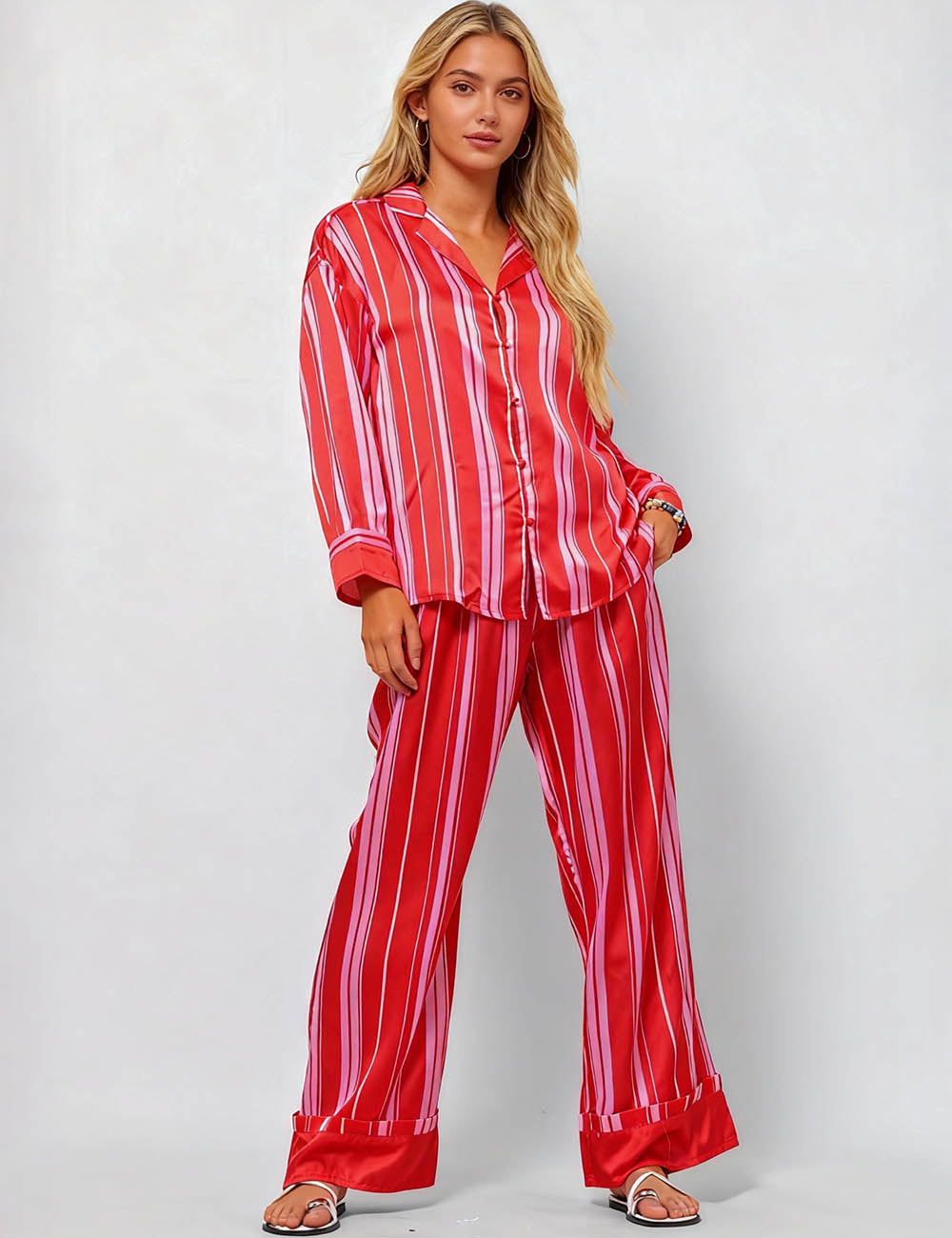 Ladies V-Neck Floral Print Top & Pants Set SKST51306